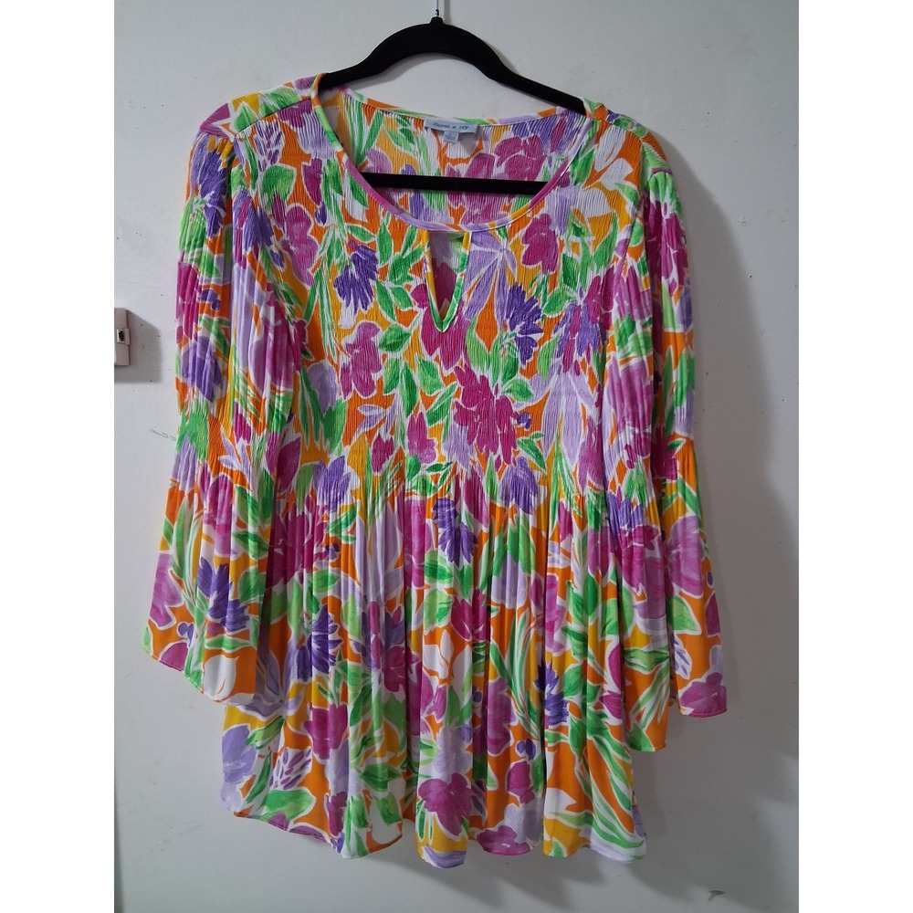 Floral & Ivy Womens Large Plisse Pleated Babydoll‎ Blouse Bell Sleeve Multicolor